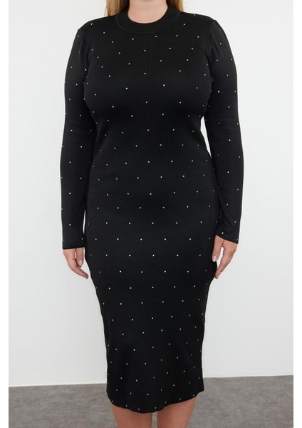 Kadın Moda Şık Büyük Beden Midi Boy Bisiklet Yaka Fitted Taşlı Triko Elbise fırsatları