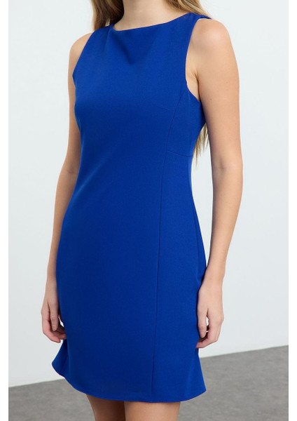Kadın Moda Şık Mini Boy Bisiklet Yaka Regular Düz Dokuma Elbise
