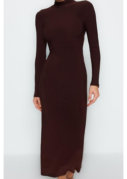 Kadın Moda Şık Maxi Boy Dik Yaka Slim Fitted Vücuda Oturan Esnek Örme Kalem Elbise