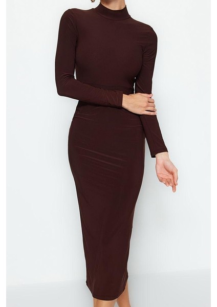 Kadın Moda Şık Maxi Boy Dik Yaka Slim Fitted Vücuda Oturan Esnek Örme Kalem Elbise
