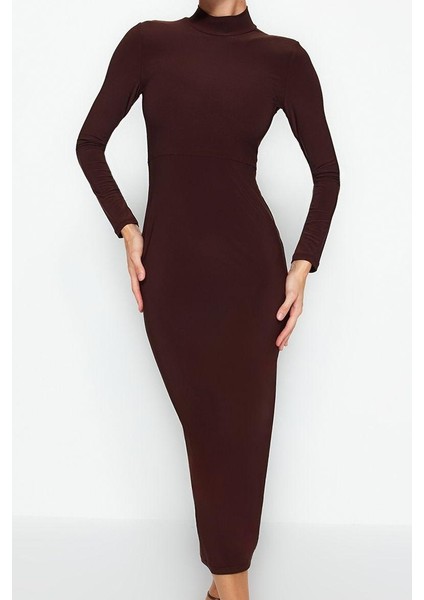 Kadın Moda Şık Maxi Boy Dik Yaka Slim Fitted Vücuda Oturan Esnek Örme Kalem Elbise