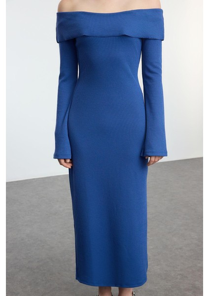 Kadın Moda Şık Midi Boy Carmen Yaka Slim Fitted Vücuda Oturan Yumuşak Dokulu Esnek Örme Kalem Elbise