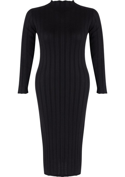 Kadın Moda Şık Büyük Beden Midi Boy Dik Yaka Fitted Fitilli Premium Özel Iplik Triko Elbise