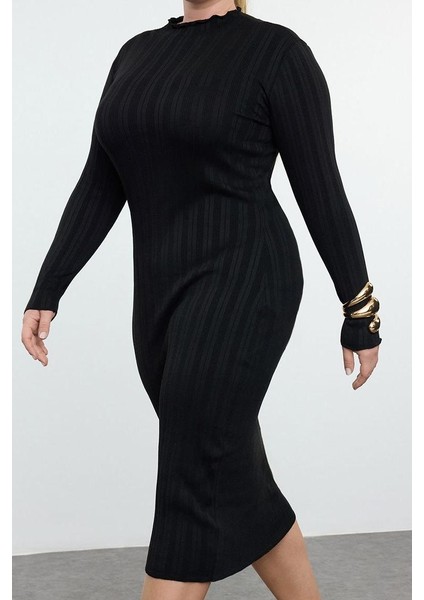 Kadın Moda Şık Büyük Beden Midi Boy Dik Yaka Fitted Fitilli Premium Özel Iplik Triko Elbise fiyatları