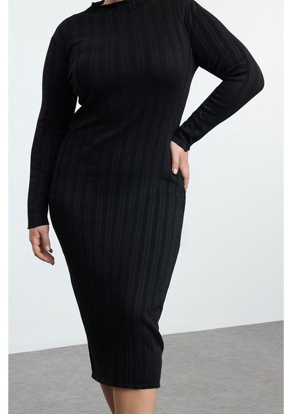 Kadın Moda Şık Büyük Beden Midi Boy Dik Yaka Fitted Fitilli Premium Özel Iplik Triko Elbise modelleri