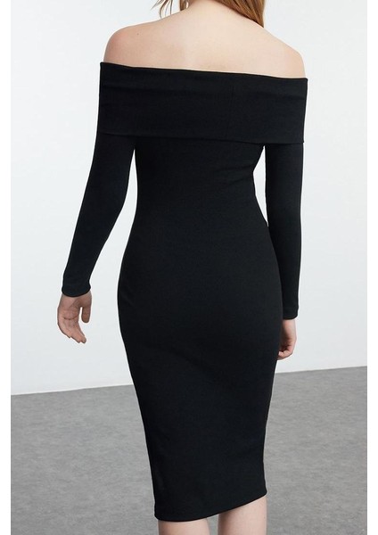 Kadın Moda Şık Midi Boy Carmen Yaka Slim Fitted Vücuda Oturan Fitilli Esnek Örme Elbise indirimleri