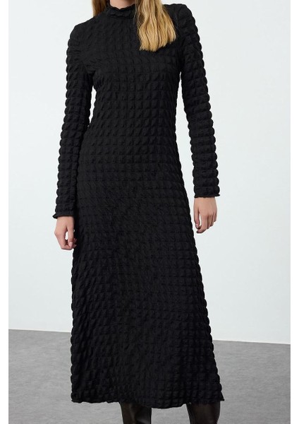 Kadın Moda Şık Maxi Boy Bisiklet Yaka Regular Düz Dokulu A-Line Esnek Örme Elbise