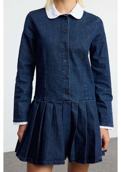 Kadın Moda Şık Mini Boy Gömlek Yaka Denim Pileli Elbise