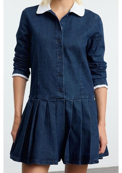 Kadın Moda Şık Mini Boy Gömlek Yaka Denim Pileli Elbise
