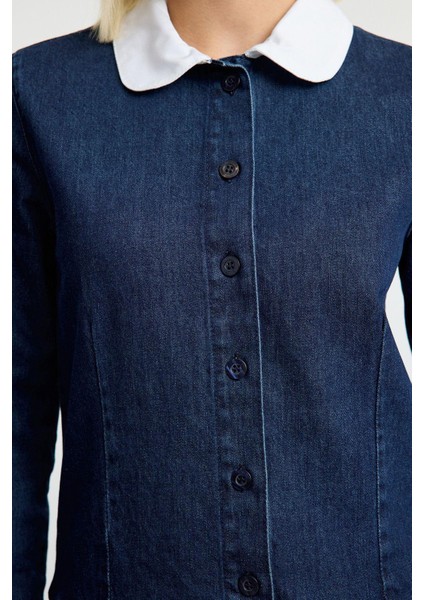 Kadın Moda Şık Mini Boy Gömlek Yaka Denim Pileli Elbise