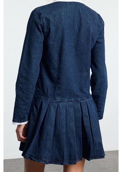 Kadın Moda Şık Mini Boy Gömlek Yaka Denim Pileli Elbise