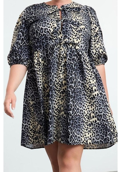 Kadın Büyük Beden Mini Boy Relaxed Fiyonklu Pamuk Leopar Desenli Dokuma Büyük Beden Elbise fiyatları