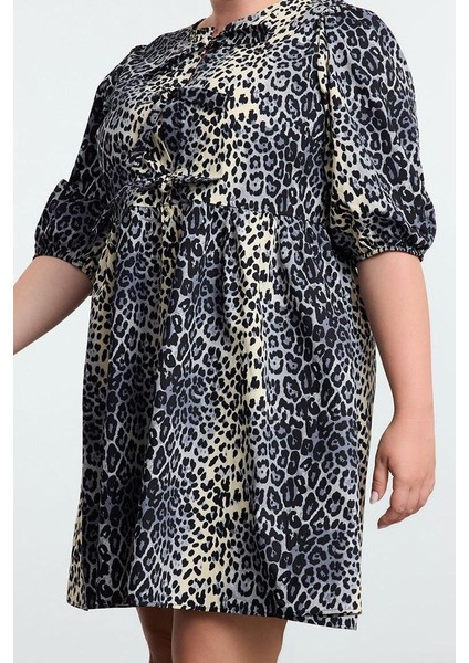 Kadın Büyük Beden Mini Boy Relaxed Fiyonklu Pamuk Leopar Desenli Dokuma Büyük Beden Elbise modelleri