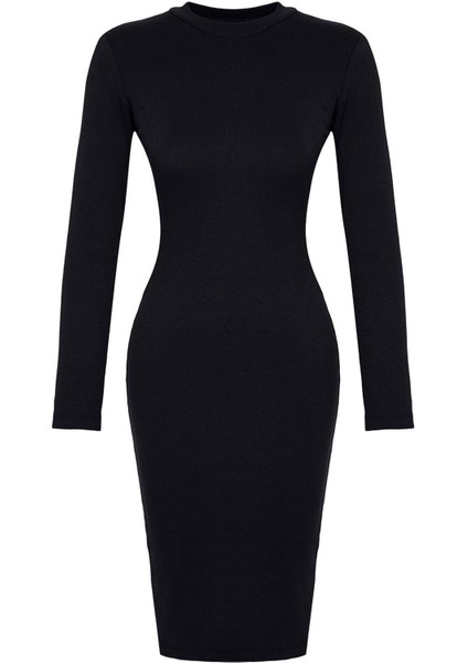 Kadın Moda Şık Midi Boy Dik Yaka Slim Fitted Vücuda Oturan Uzun Kollu Fitilli Esnek Örme Elbise