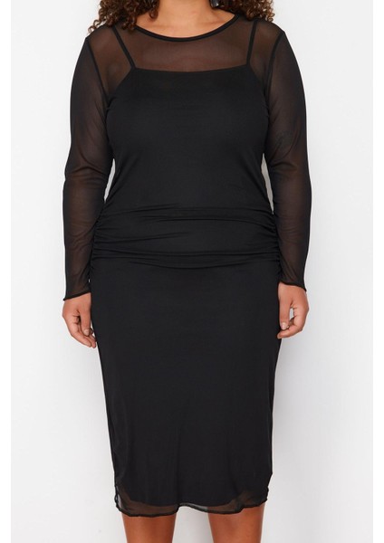 Kadın Moda Şık Büyük Beden Midi Boy Bisiklet Yaka Fitted Tül Örme Büyük Beden Elbise
