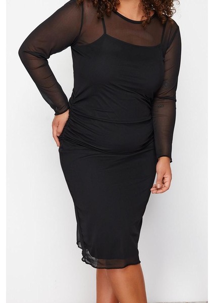 Kadın Moda Şık Büyük Beden Midi Boy Bisiklet Yaka Fitted Tül Örme Büyük Beden Elbise fiyatları