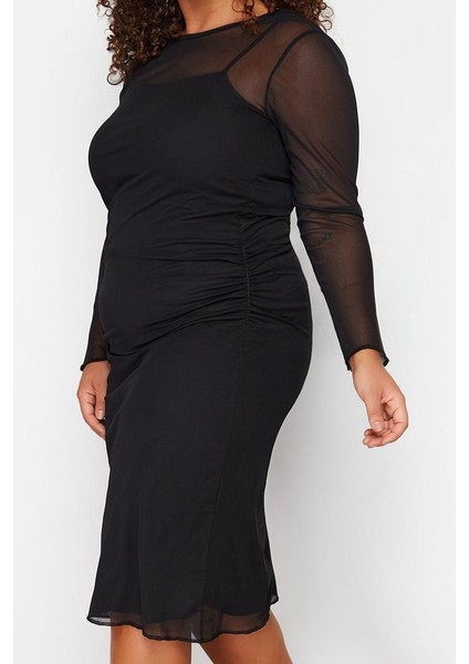 Kadın Moda Şık Büyük Beden Midi Boy Bisiklet Yaka Fitted Tül Örme Büyük Beden Elbise fırsatları