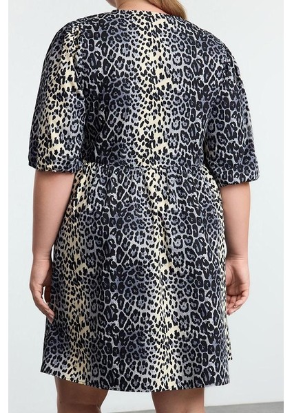 Kadın Büyük Beden Mini Boy Relaxed Fiyonklu Pamuk Leopar Desenli Dokuma Büyük Beden Elbise indirimleri