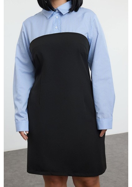 Kadın Büyük Beden Mini Boy Fitted Siyah Bodycone Straplez Dokuma Büyük Beden Çizgili Gömlek Elbise