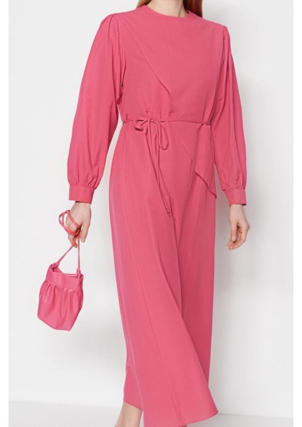 Kadın Tesettür Maxi Boy Bisiklet Yaka Regular Kuşaklı Önü Parçalı Pamuklu Dokuma Astarsız Elbise fiyatları