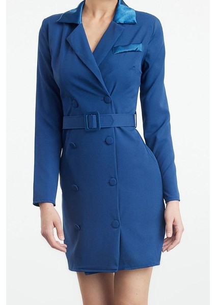 Kadın Moda Şık Mini Boy Ceket Yaka Regular Kemerli Dokuma Ceket Elbise