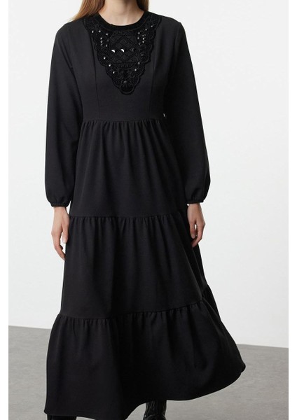 Kadın Moda Şık Tesettür Maxi Boy Dik Yaka Regular Taş Nakış Detaylı Dokuma Elbise modelleri