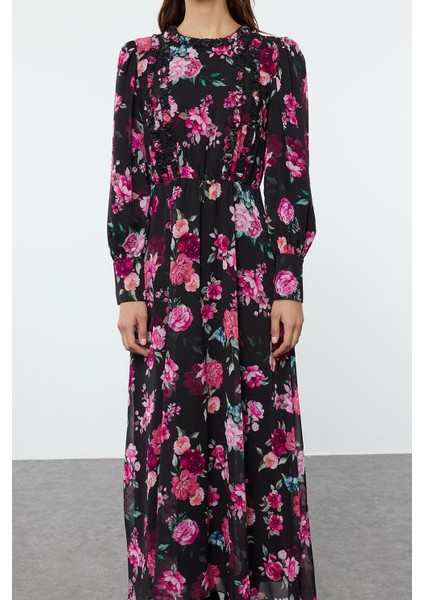 Kadın Moda Şık Tesettür Uzun Bisiklet Yaka Regular Çiçek Desenli Fırfırlı Dokuma Elbise