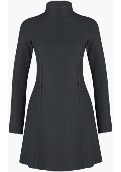 Kadın Moda Şık Mini Boy Dik Yaka Regular Dikiş Detaylı Selanik Örme Elbise