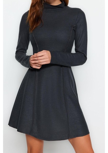 Kadın Moda Şık Mini Boy Dik Yaka Regular Dikiş Detaylı Selanik Örme Elbise fırsatları