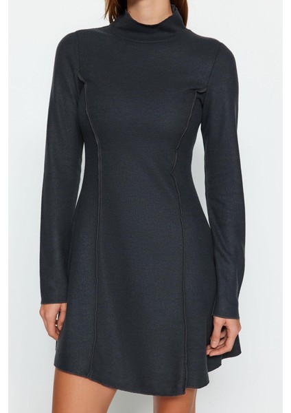 Kadın Moda Şık Mini Boy Dik Yaka Regular Dikiş Detaylı Selanik Örme Elbise indirimleri