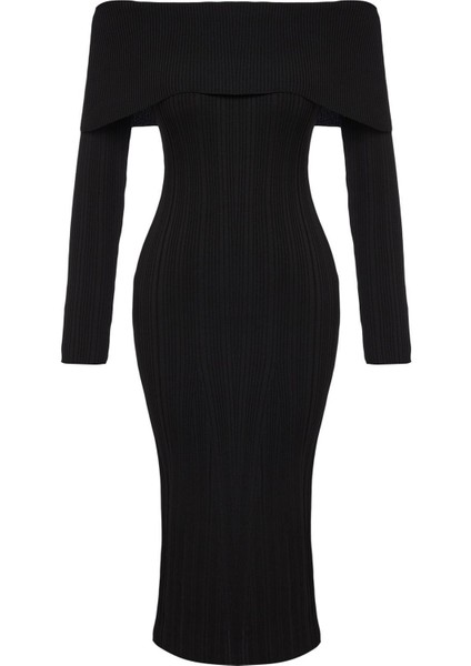 Kadın Moda Şık Midi Boy Carmen Yaka Regular Triko Basic Elbise