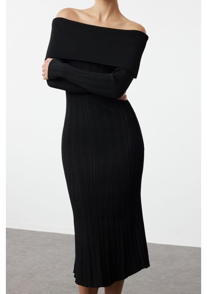 Kadın Moda Şık Midi Boy Carmen Yaka Regular Triko Basic Elbise