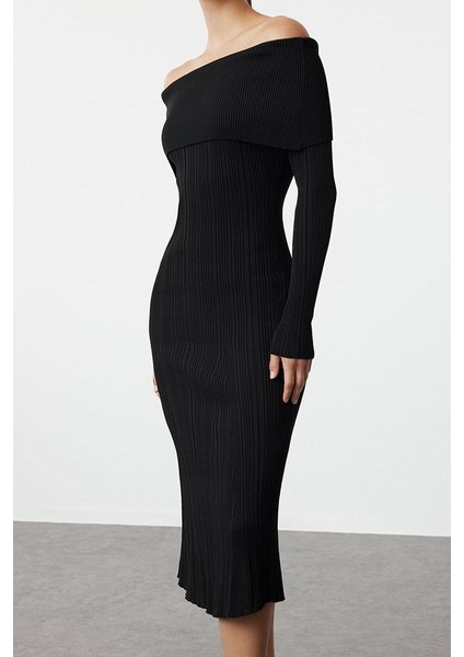Kadın Moda Şık Midi Boy Carmen Yaka Regular Triko Basic Elbise