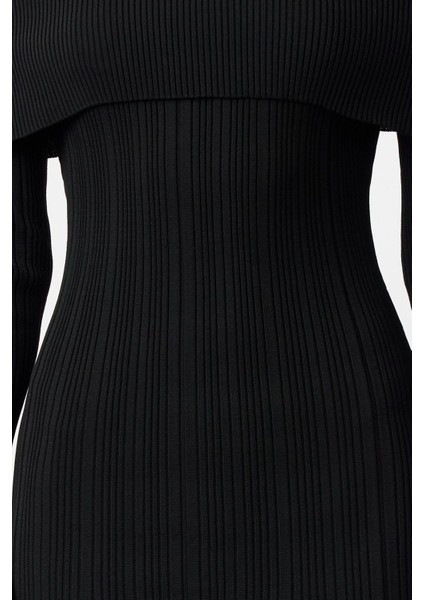 Kadın Moda Şık Midi Boy Carmen Yaka Regular Triko Basic Elbise