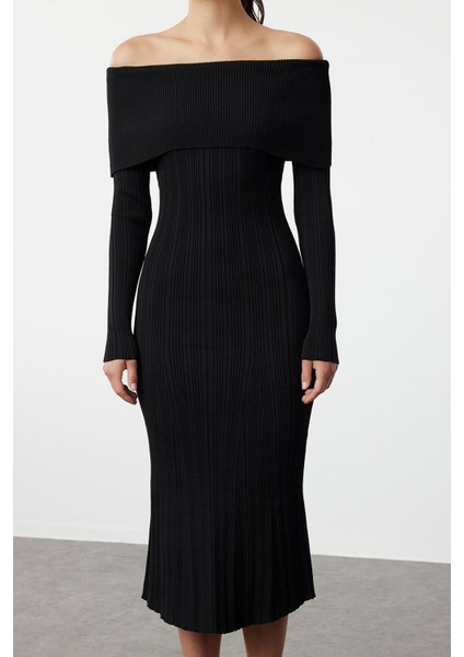 Kadın Moda Şık Midi Boy Carmen Yaka Regular Triko Basic Elbise