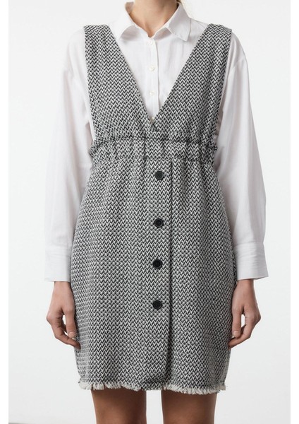 Kadın Moda Şık Mini Boy V Yaka Regular Tüvit Kumaş Jile Dokuma Elbise