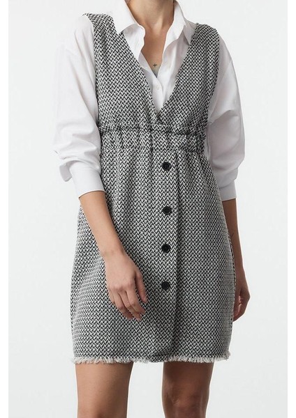 Kadın Moda Şık Mini Boy V Yaka Regular Tüvit Kumaş Jile Dokuma Elbise