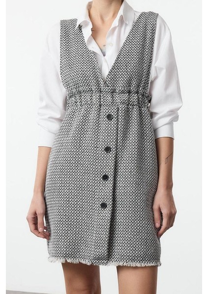 Kadın Moda Şık Mini Boy V Yaka Regular Tüvit Kumaş Jile Dokuma Elbise