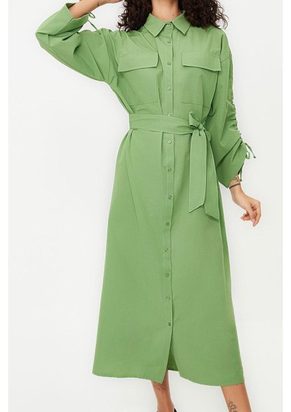 Kadın Tesettür Maxi Boy Oversize Kuşaklı Kolları Ayarlanabilir Detaylı Pamuklu Dokuma Gömlek Elbise fiyatları