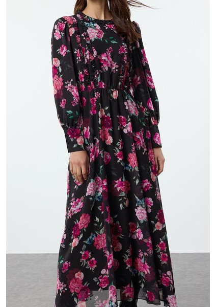 Kadın Moda Şık Tesettür Uzun Bisiklet Yaka Regular Çiçek Desenli Fırfırlı Dokuma Elbise