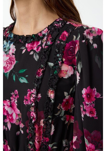 Kadın Moda Şık Tesettür Uzun Bisiklet Yaka Regular Çiçek Desenli Fırfırlı Dokuma Elbise