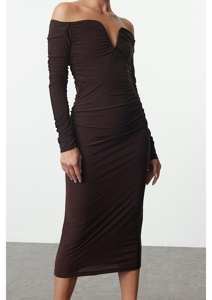 Kadın Moda Şık Midi Boy Carmen Yaka Fitted Vücuda Oturan Örme Elbise fiyatları