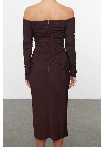 Kadın Moda Şık Midi Boy Carmen Yaka Fitted Vücuda Oturan Örme Elbise indirimleri
