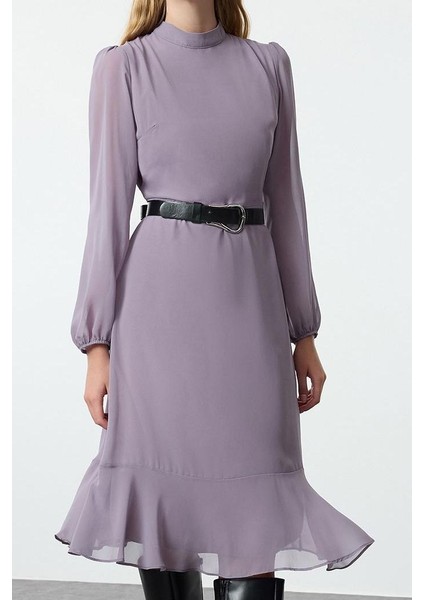 Kadın Moda Şık Midi Boy Dik Yaka Regular Düz Dokuma Kışlık Elbise
