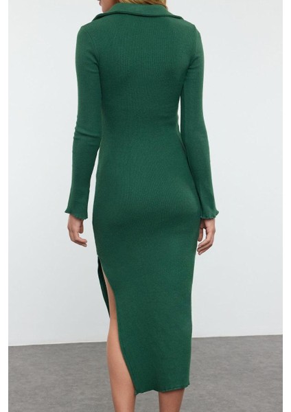 Kadın Moda Şık Midi Boy Polo Yaka Slim Fake Triko Vücuda Oturan Fitilli Esnek Örme Kalem Elbise