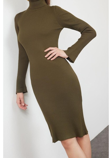 Kadın Moda Şık Mini Boy Balıkçı Yaka Slim Triko Kolları Volanlı Elbise