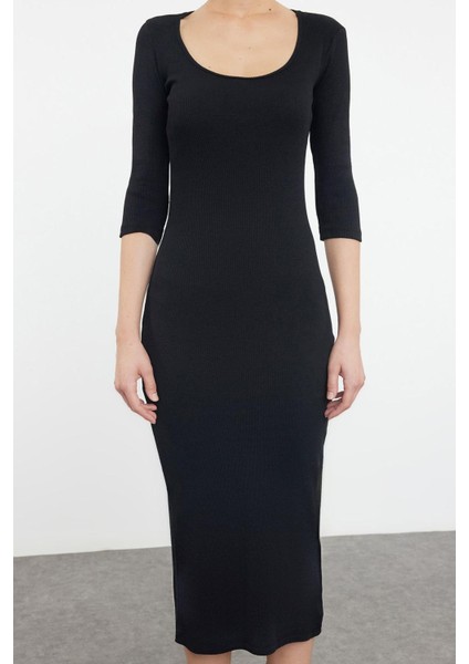 Kadın Moda Maxi Boy Havuz Yaka Slim Fitted Vücuda Oturan Uzun Kollu Bisiklet Yaka Esnek Örme Elbise