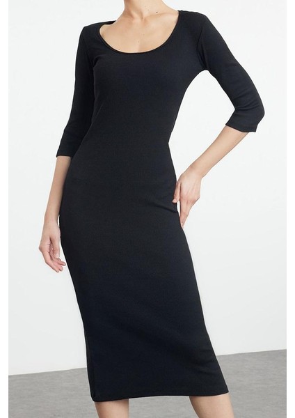 Kadın Moda Maxi Boy Havuz Yaka Slim Fitted Vücuda Oturan Uzun Kollu Bisiklet Yaka Esnek Örme Elbise fiyatları