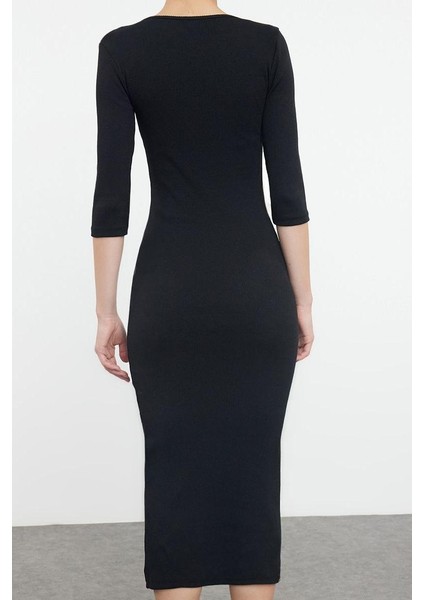 Kadın Moda Maxi Boy Havuz Yaka Slim Fitted Vücuda Oturan Uzun Kollu Bisiklet Yaka Esnek Örme Elbise indirimleri