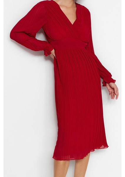 Kadın Moda Şık Midi Boy Kruvaze Regular Piliseli Astarlı Şifon Dokuma Elbise modelleri